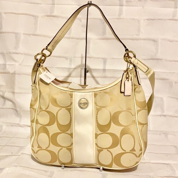 💐 COACH F21873 💐 LIGHT KHAKI WHITE SIGNATURE LOGO CONVERTIBLE HOBO MSRP $388 - Picture 2 of 9